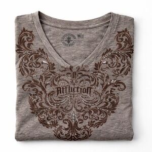 Affliction Flourish Top High Low‎ Raw Hem Women's Large Sand Printed Studs /m2